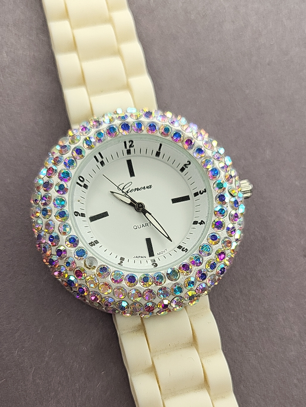 Geneva White Watch with Iridescent Crystal Bezel